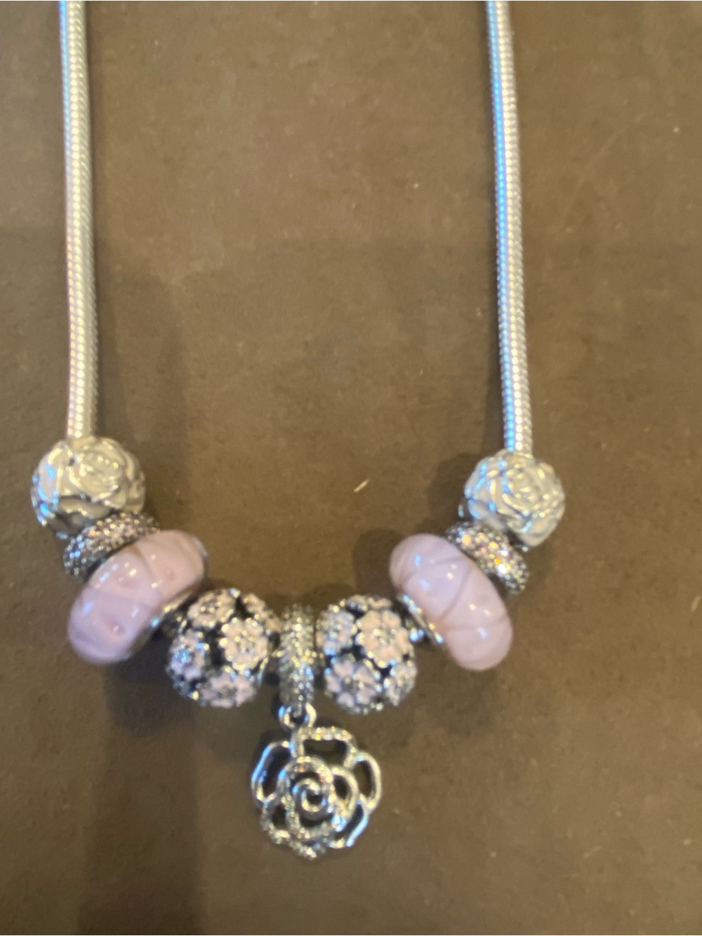 Pandora Sterling Silver Necklace with Pink Beads and Rose Charm